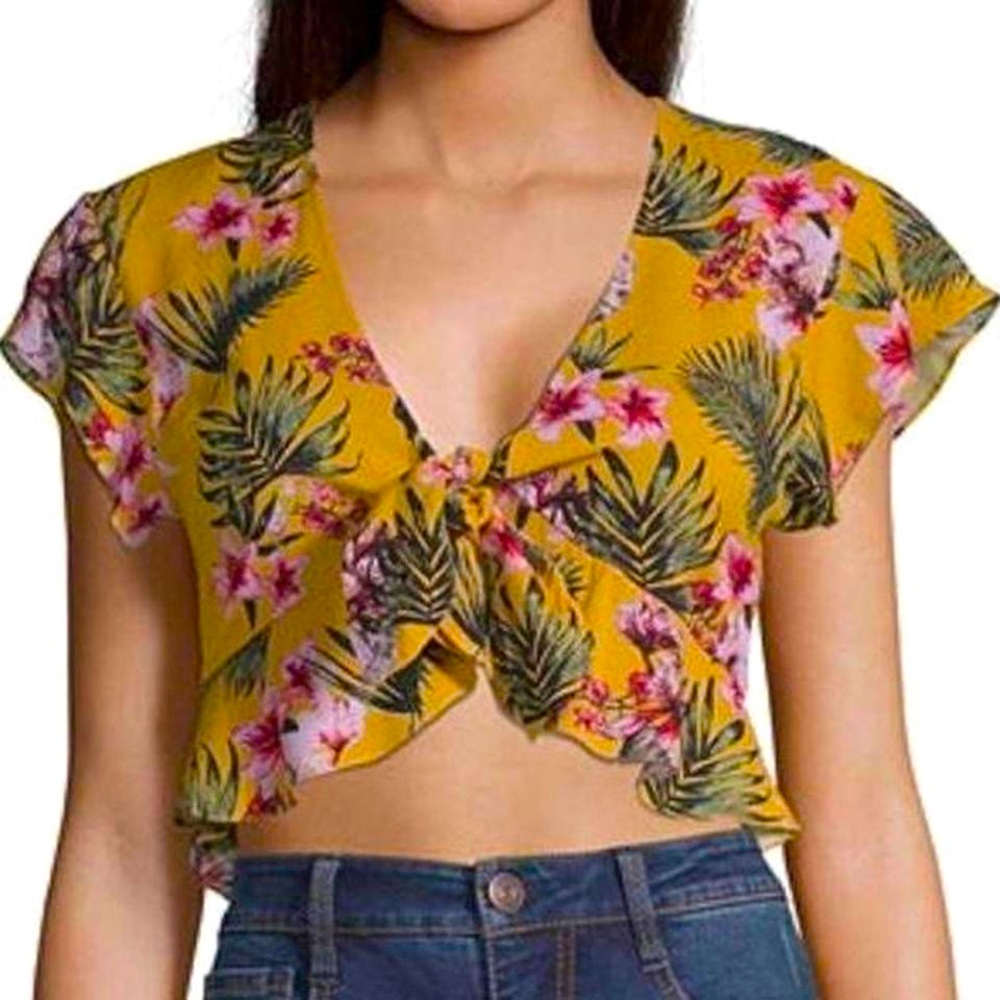 Yellow Tie Crop Top with Hibiscus 🌺 Flowers